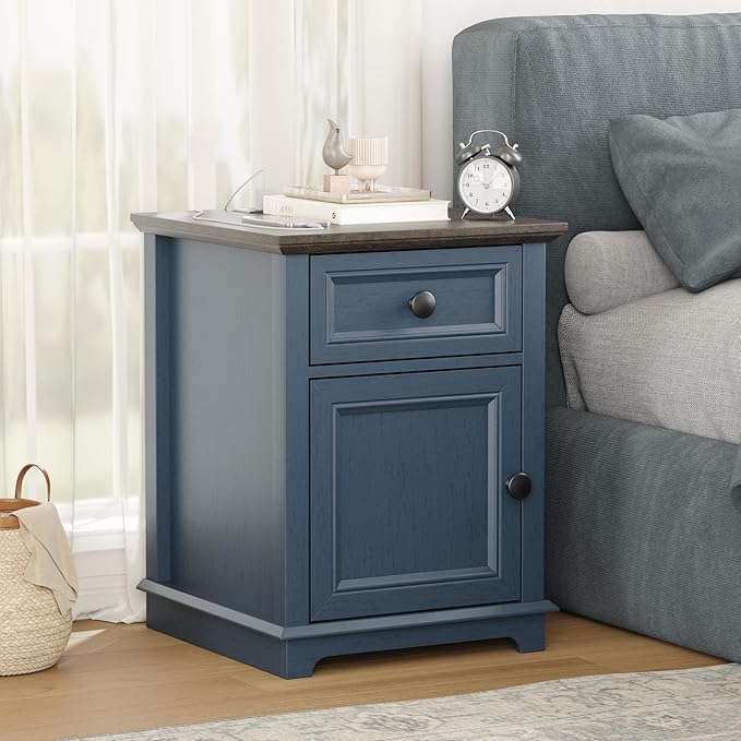 End Tables with Fast-Charge Sets, Side Tables with Drawers, Storage Side Tables Living Room, Adjustable Shelf, Bedroom Nightstands Set of 2, Blue