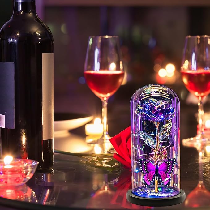 Christmas Flowers Gifts for her Women Mom Wife,Womens Gifts for Christmas, Rose Flowers Gift Light Up Rose in Glass Dome,Birthday Gifts for Woman Purple