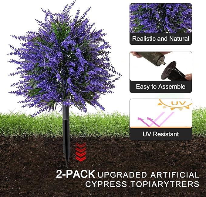 2Pcs 19.68" Artificial Boxwood Topiary Ball with Flowers Plants with Ground Spikes for Outdoor UV Resistant Realistic Fake Bushes Plants for Garden Yard Front Porch Patio Decor (Lavender)