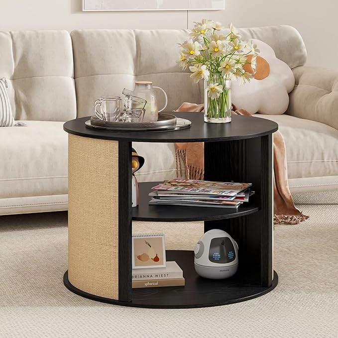Black Round Coffee Table with Storage, 2-Tier Boho Wood Center Coffee Table with Adjustable Shelf, Sackcloth Finish, Farmhouse, Mid Century Modern, for Living Room, 27.5 Inches