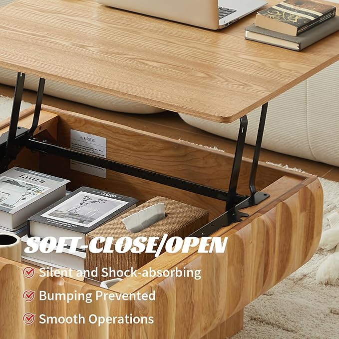 LKTART 31" Lift Top Coffee Table for Living Room, Fluted Coffee Table with Hidden Storage, Mid Century Modern Solid Wood Veneer Square Center Table for Office Apartment Small Space, Natural