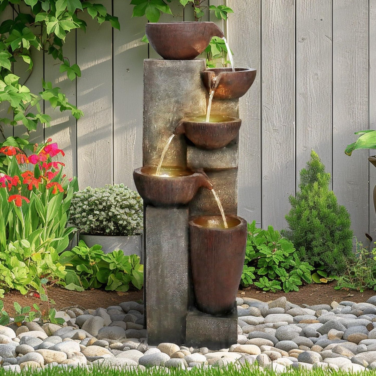 SunJet 5-Tier Cascading Indoor/Outdoor Water Fountain with LED Lights - 39.7" High Large Waterfall Floor Standing Fountain for Garden, Patio, Yard, and Deck Decor - Relaxing Outdoor Water Feature