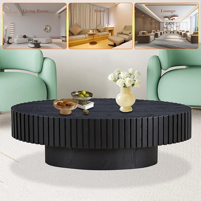 43.3in Fluted Side Tables Living Room Modern Chic Drum Coffee Table - Spacious Tabletop, for Small Space - Living Room Apartment Study,Black