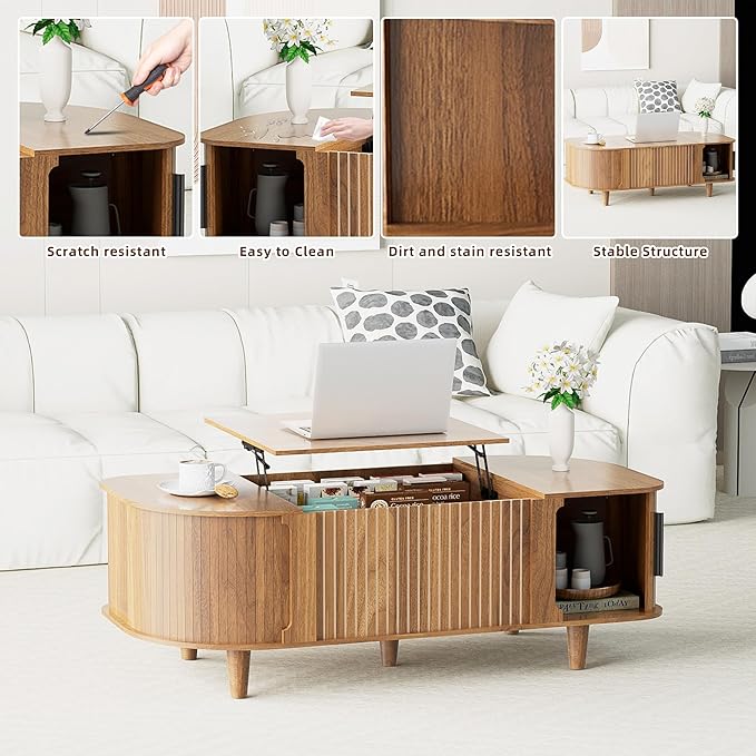 Oval Lift Top Coffee Table, Mid Century Modern Center Table with 3 Hidden Compartment, Coffee Tables with Storage Open Shelf and Sliding Cabinet Door for Home Living Room Office (Walnut)