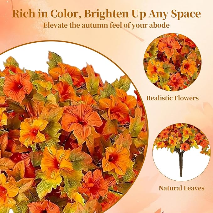 Artificial Fall Fake Flowers Plants for Outdoor Decoration 2PCS No Fade Faux Petunias UV Resistant Realistic Autumn Silk Flowers for Home Garden Balcony Yard Porch Deco (Orange Yellow)
