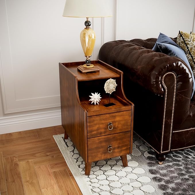 Solid Hardwood End Table with 2 Drawers, Traditional Beside Table with Pull-Out Coffee Tray, Modern Vintage Sofa Chair Side Table Nightstand for Living Room Bedroom, Cherry Brown Accent Table BGA1359
