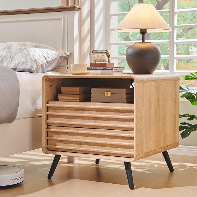 RedLemon 24" Nightstand with Charger Station, Mid Century Modern Fluted End Table with 2 Drawers, Wooden Side Table with Open Cubby Storage for Living Room, Bedroom, Office (Natural Oak)