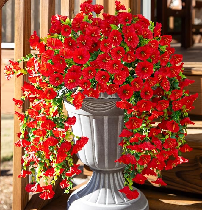 Ivydale 2 PCS Artificial Hanging Flowers Fake Plants Outdoor,Silk Morning Glory Faux Flowers with Eucalyptus Leaves,UV Resistant Realistic Hanging Petunias Plants for Home Garden Decor (Red)