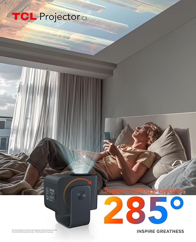 TCL C1 Smart Projector 4K Support, Google TV & Netflix Officially Licensed, WIFI and Bluetooth, Auto Focus Keystone, Native 1080p, Dolby Audio, 285° Portable Mini Projector for Home Theater