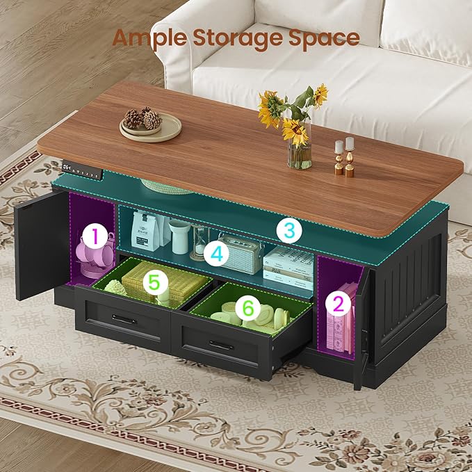 SEDETA 47.2" Electric Standing Coffee Table with Storage, Farmhouse Lift Top Coffee Table with Drawers and Open Shelves, Height Adjustable Tables with Power Outlet, for Living Room, Black
