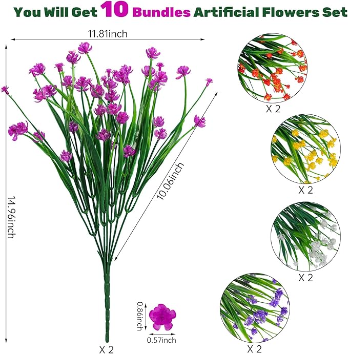 Lnoicy Artificial Flowers for Outdoor,10pcs Plastic Flowers Decoration, UV Resistant Faux Flowers Shrubs, Artificial Plants for Indoor Outside Garden Home Wedding Farmhouse(5 Color)