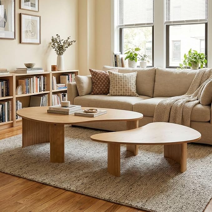 Set of 2 Boho Nesting Coffee Tables with Solid Fluted Wood Legs for Apartment, Oval Irregular Mango Shape Modular Center Tables for Living Room