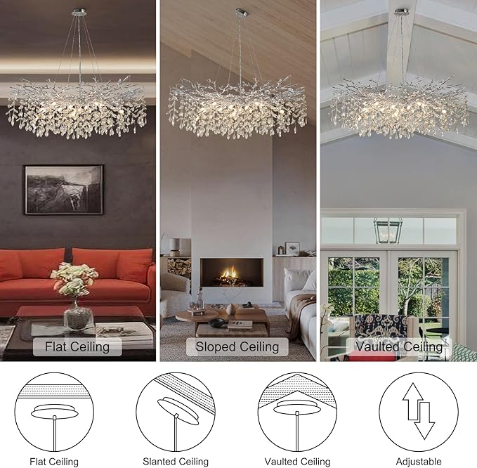 47" Silver Chandelier, 18-Light Modern Crystal Tree Branch Chandeliers, Luxury Round Chandelier for Dining Room, Living Room, Foyer, Entryway, Bedroom, Contemporary K9 Crystal Raindrop Light Fixture