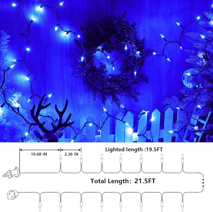 Joomer LED Christmas Lights, 19.5FT 100 LED Blue Christmas Tree Lights, Connectable Waterproof Mini String Lights Plug in for Indoor Outdoor Home Christmas Decoration