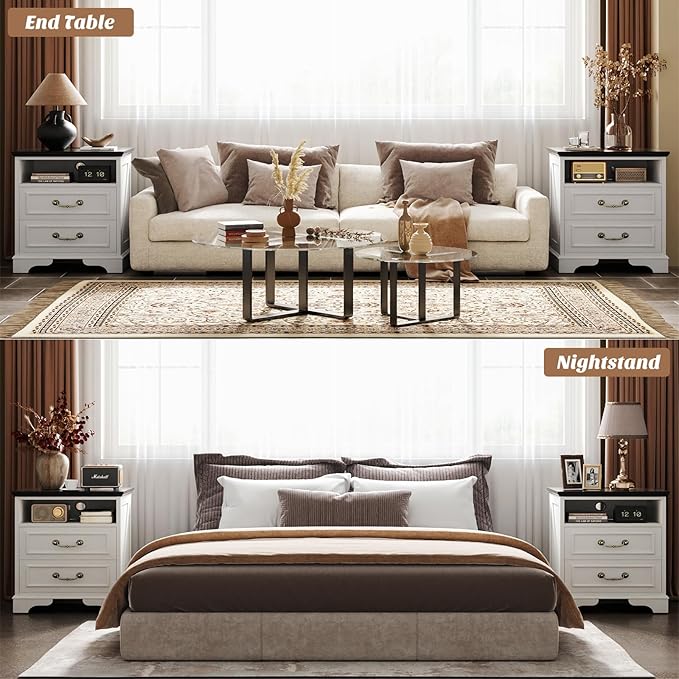 Unikito Farmhouse Nightstand with Charging Station, Bedside Table with 2 Large Drawers & Vintage Handles, Side Table with Open Storage for Bedroom (Antique White)