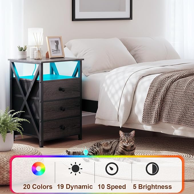 AMHANCIBLE Night Stand Set 2, LED Nightstand with Charging Station, End Side Tables with USB Port & Outlet, Bedside Table with Fabric Drawers for Bedroom Living Room, Dark Grey, HET053LDG