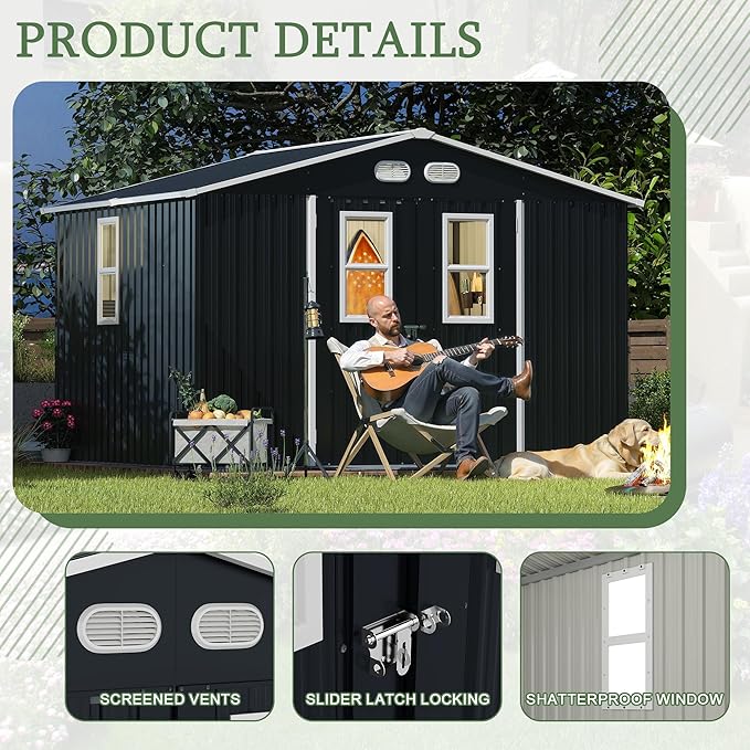 KEIKI Large 8x10 Metal Shed with Four Windows, Lockable Outdoor Storage Shed for Backyard, Tiny House Sheds, Metal Storage Shed for Tools & Equipment, Sheds and Outdoor Storage, Dark Gray