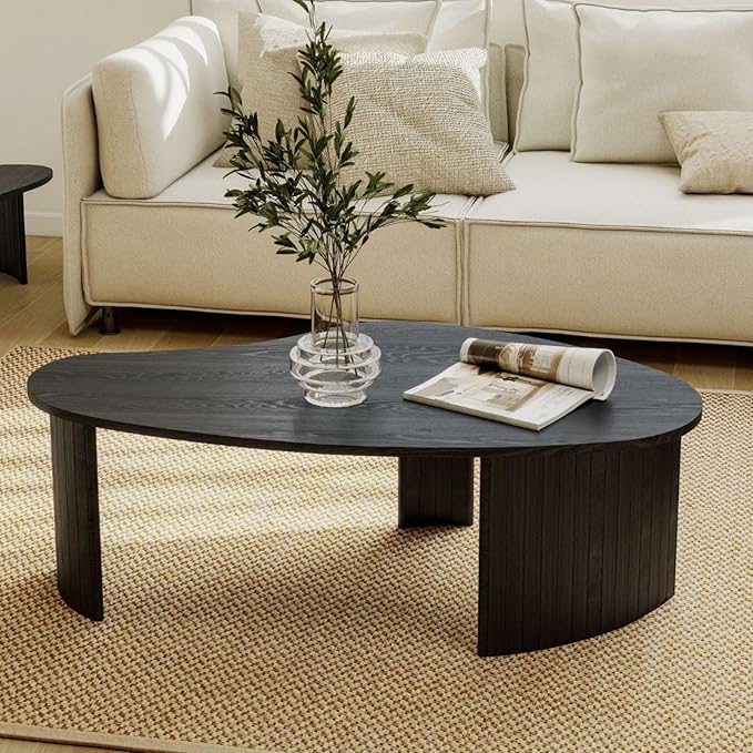 Modern Black Wood Coffee Table 47.25 Inch for Living Room, Sturdy Center Table with Irregular Mango Top and Fluted Legs for Small Apartment