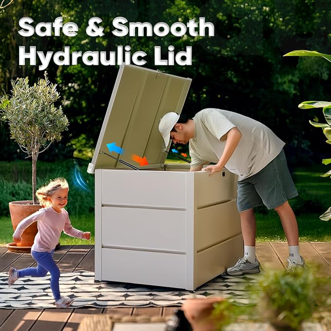 Quictent 150 Gallon Metal Deck Box, 20-Min Install, No Screws, 9X Faster Than Screwed, Waterproof Weather-Resistant Storage Bin, 660LBS Capacity for Patio/Garden/Poolside,
