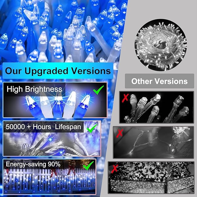 504 LED Christmas Lights with 112 Drops, 50ft 12 Modes Blue and White Fairy String Lights with Timer Dimmable, Waterproof Twinkle Lights for Indoor Outdoor Holiday Wedding Party Eaves Yard Yard Decor