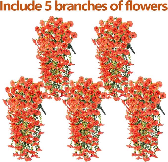 Rich and Eye-catching 5 PCS Artificial Hanging Flowers，Silk Morning Glory Faux Flowers with Eucalyptus Leaves,uv Resistant Fake Hanging Petunias Plants for Yard Decoration(Orange)