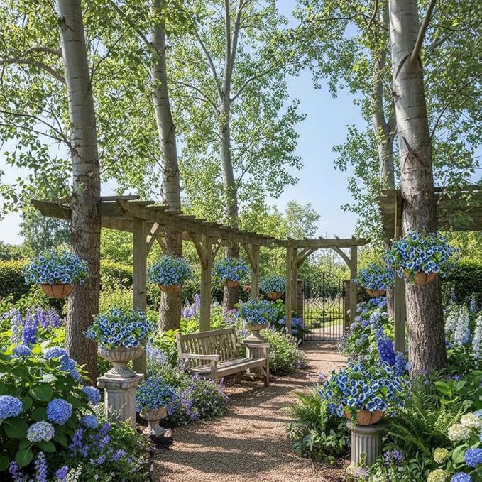 Artificial Hanging Plants Flowers with Basket 2 Packs, Artificial Hanging Flowers for Outdoors, Faux Hanging Plants Outdoor, Blue Fake Flowers