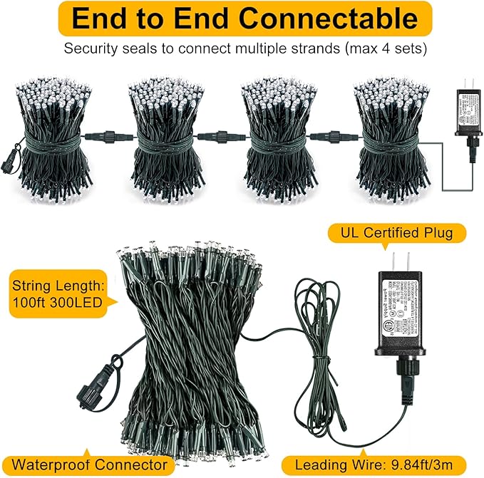 Red and Green Christmas Lights Outdoor, 100FT 300 LED Christmas Tree Lights with 8 Modes Waterproof, Plug in Green Wire String Twinkle Lights for Indoor Yard Garden Xmas Party Holiday Decorations