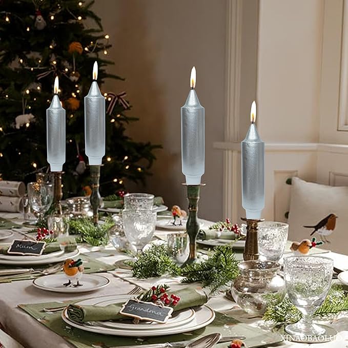 5Inch Short Taper Candles Candlesticks Handmade Set of 4 Unscented Smokeless Long Burning Dripless Tapered Candle for Wedding Christmas Decoration(Silver)