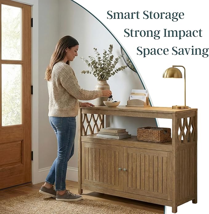 DTY Outdoor Living Longs Peak Eucalyptus Wood Sideboard Table, Outdoor Buffet Cabinet with Storage, Biscotti Weather-Resistant Finish