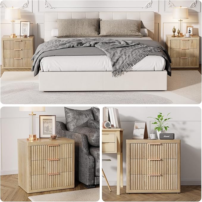 Night Stand with 3 Drawers, 23" Wide Modern Bedside Table with Large Storage, Fluted Bed Side End Table with Metal Handle, Tall Nightstand for Bedroom, Living Room, Office, Nature, Set of 2