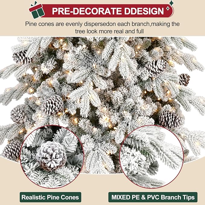 6.5 FT Pre-Lit Snow Flocked Slim Fir Christmas Tree with 1085 PE & PVC Mixed Branch Tips,Artificial Skinny Pencil Xmas Tree with 700 Warm-White Lights & 37 Pine Cones,Hinged Pine Tree with Metal Stand