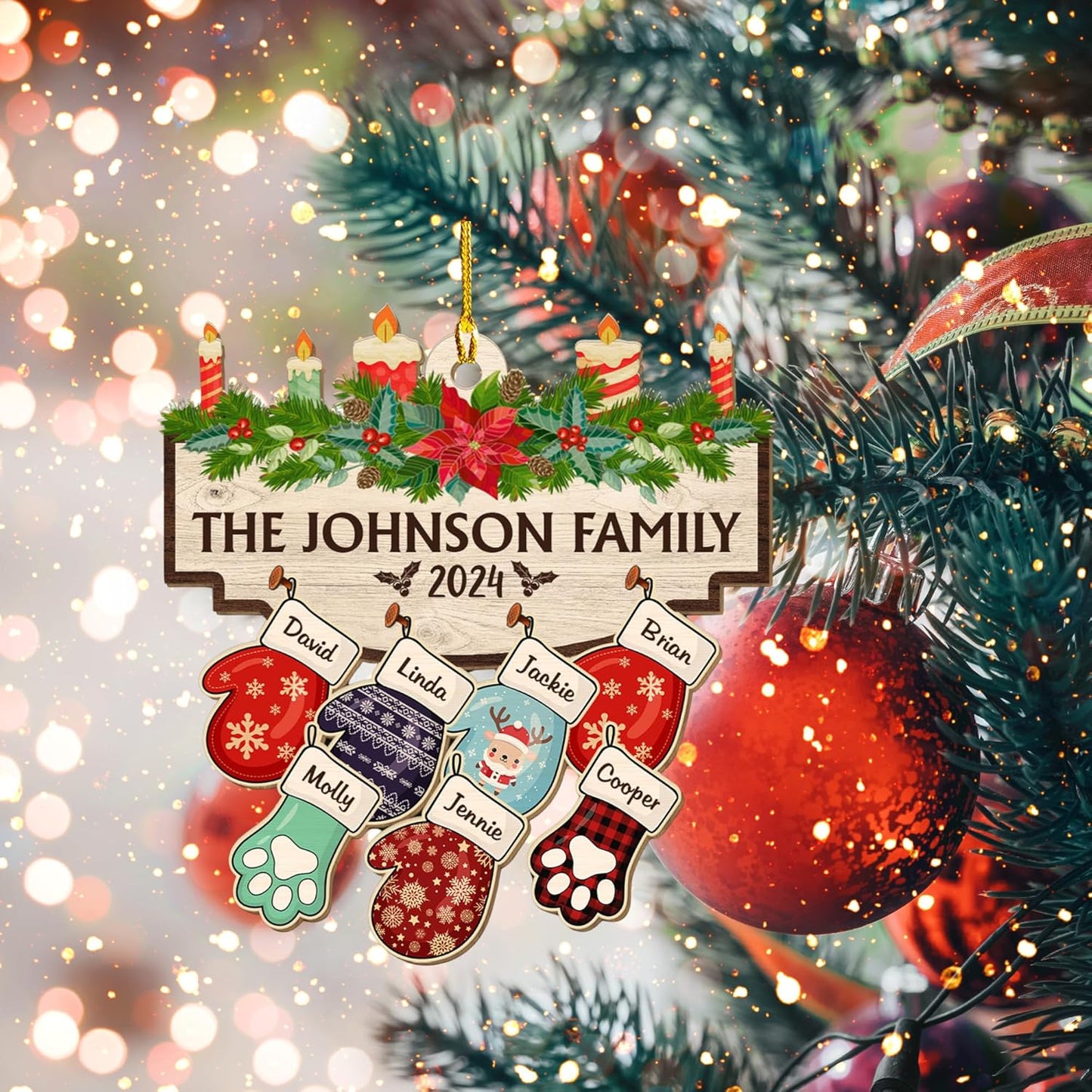 Family with Pet Ver 2 - Personalized Custom Wood Ornament, Family Gloves Christmas Ornament 2024, Xmas Ornament Gifts for Family Tree Decoration (A06, 3 Names)
