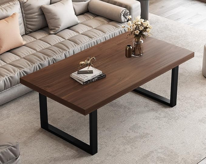 IBF Rustic Coffee Table, Simple Vintage Center Table, Minimalist Industrial Living Room Table, Farmhouse Wood and Metal Rectangle Tea Coffee Table for Home Bedroom Office, Walnut, 47 Inch