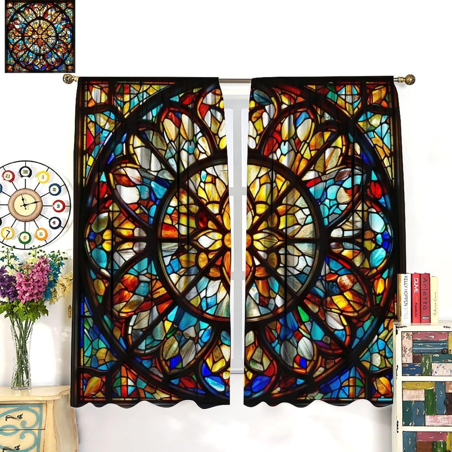 Stained Glass Curtains,Retro Mid Century Abstract Colorful Geometric Prints Home Decor Drapes for Bedroom Living Room Kitchen Window Treatment 2 Panels Set Total Size 42" W X 54" L Inch