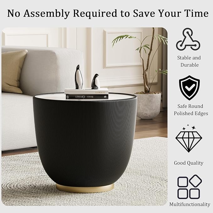 Round Living Room Table Set, 29.53" Orange Drum Center Table and 19.69" Black Coffee Table Set, 2 Pieces Coffee Table Set with Sintered Stone Tabletop, Fluted PU Leather Covered and Metal Base