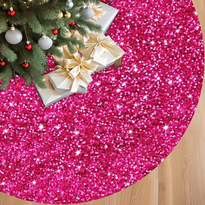 Hot Pink Christmas Tree Skirt 46 inch Sequin Velvet Tree Skirts Large Christmas Tree Skirt Fuchsia Round Tree Skirts for Artificial Trees Sparkle Christmas Tree Base Cover Holiday Party Decor