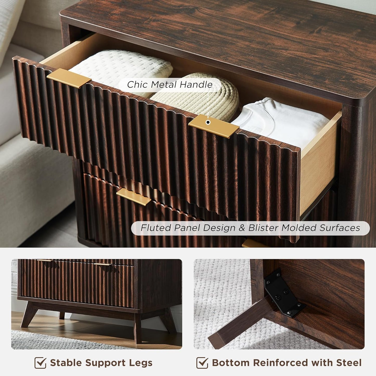 T4TREAM 32" Tall Fluted Nightstand Set of 2, Modern Side Table, 3 Drawers End Table w/Storage, Bedside Table for Bedroom, Living Room, Curved Profile Design, Dark Walnut