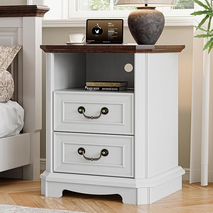 Farmhouse Nightstand with Charging Station, 18" Side Table with 2 Storage Drawers, Rustic Wood Night Stand with Metal Handle, Wooden Bedside End Table Small Dresser for Bedroom, Living Room, White