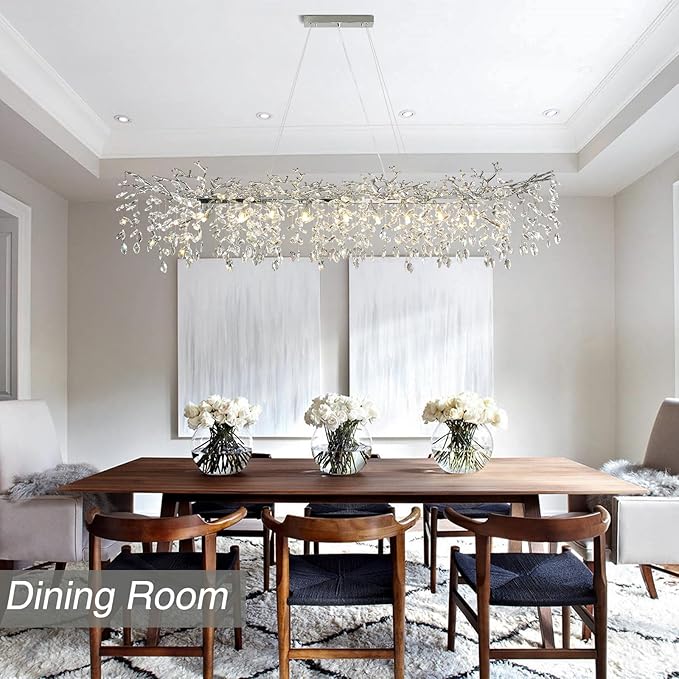 YUYI 71" Silver Chandelier, 20-Light Modern Crystal Tree Branch Chandelier, Luxury Rectangular Chandeliers for Dining Room, Kitchen Island, Living Room, Contemporary K9 Crystal Raindrop Light Fixture