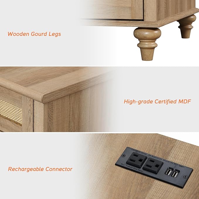 WAMPAT 2 PCS End Tables with Charging Station, Farmhouse Bedside Table with Solid Wood Leg, Rattan End Table with Storage Drawer & Power outlets USB Ports for Bedroom, Living Room