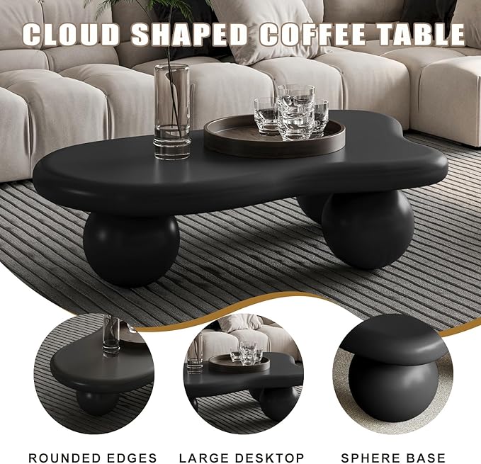 Modern Cloud Coffee Table with 3 Ball Legs, Cute Irregular Shaped Coffee Table, Low Center Table Tea Table for Small Space Living Room (40''L × 26.8''W × 11.7'H)