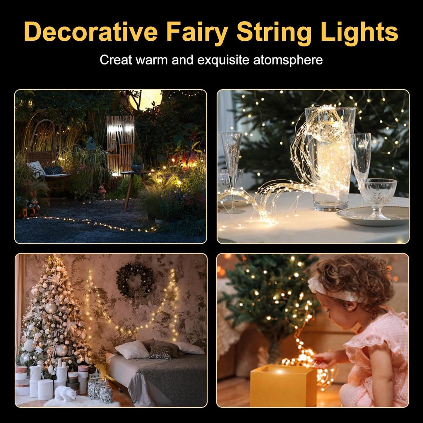 Fairy Lights Battery Operated String Lights 16.4ft 50LED Flashing and Constant Light Waterproof Silver Wire for Christmas DIY Party Bedroom Wedding (Warm White, 8 Pack)