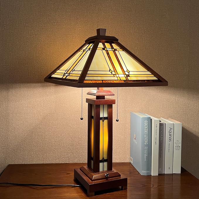 Capulina Tiffany Lamp Stained Glass Table Lamp with Night Light 3-Light 15X15x26 Inches Cream Antique Wooden Base Tiffany Style Desk Lamp for Living Room Bedroom Home Office