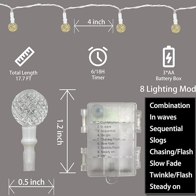 Anycosy Christmas String Lights G3, 50 LEDs Globe Waterproof Battery Operated Strings Lights Warm White 8 Modes & Timer for Xmas Tree Garden Patio Indoor Outdoor Christmas Decorations