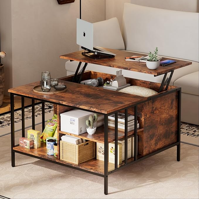 AQY 32.4" Lift Top Coffee Table with Storage, Square Coffee Tables for Living Room, Modern Farmhouse Heavy Duty Coffee Table with Large Hidden Compartment and Storage Shelves,Assembly Required