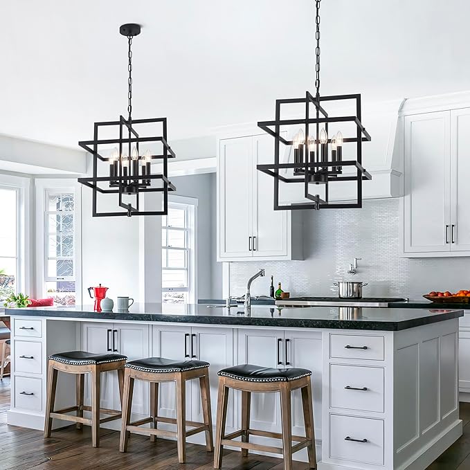 22.04" Modern Black Chandelier Geometric Pendant Light Fixture Hanging Industrial Farmhouse Chandeliers for Dining Room Kitchen Island Living Room Entryway Foyer Hallway 6 Light