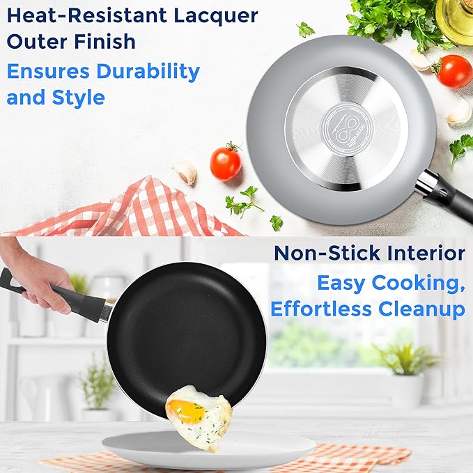 SereneLife Kitchenware Nonstick Cookware set, Non-Stick Coating Inside, Basic Kitchen Pots and Pans set, Heat Resistang Lacquer (11 Piece set), One Size, Gray