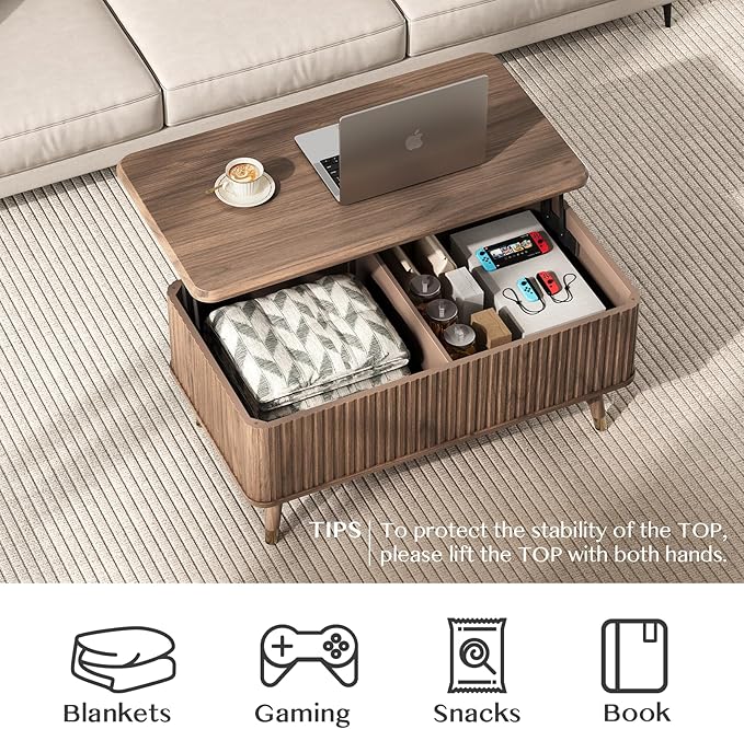 Lift Top Coffee Table with Storage, Mid Century Modern Walnut Fluted Coffee Table, Rectangular Wood Center Table with Rising Desktop & Open Shelf for Work from Home, Living Room, Walnut