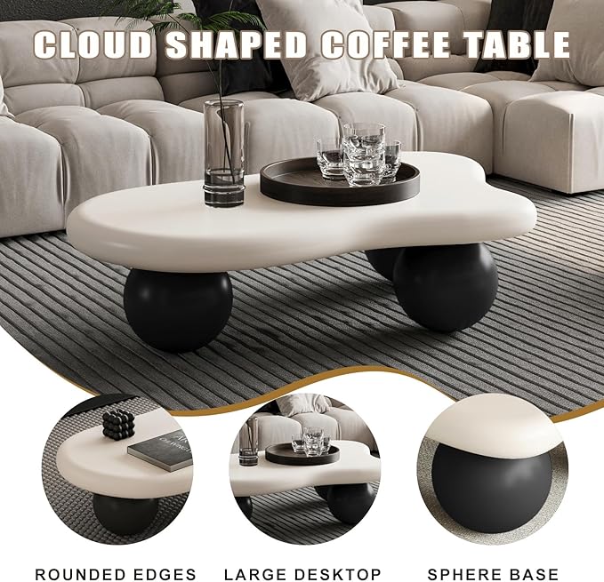 Modern Cloud Coffee Table with 3 Ball Legs, Cute Irregular Shaped Coffee Table, Low Center Table Tea Table for Living Room Apartment (47.2''L × 31.5''W × 13.78''H)