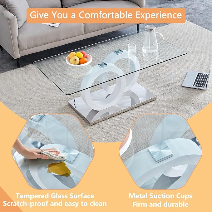 Modern Glass Coffee Table, 47” White Rectangular Coffee Table for Living Room, Clear Center Table with Tempered Glass Top and Glossy White Base